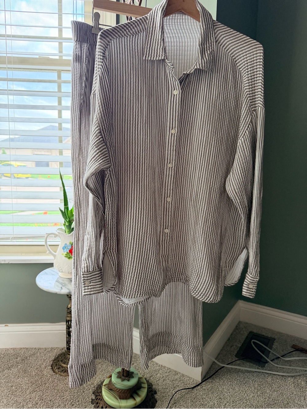 GT-0095 | Lou & Grey Striped Triple Cloth Shirt & Wide Leg Pants Set XL
